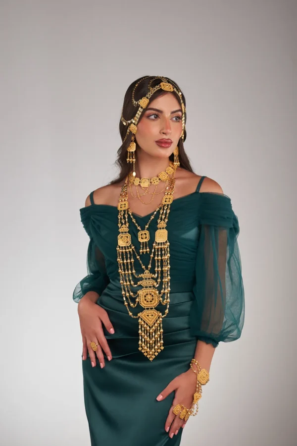 عقد كرسي مع خناق وهيار وأقراط وخاتم ذهب 21 قيراط فاخر - Image 3